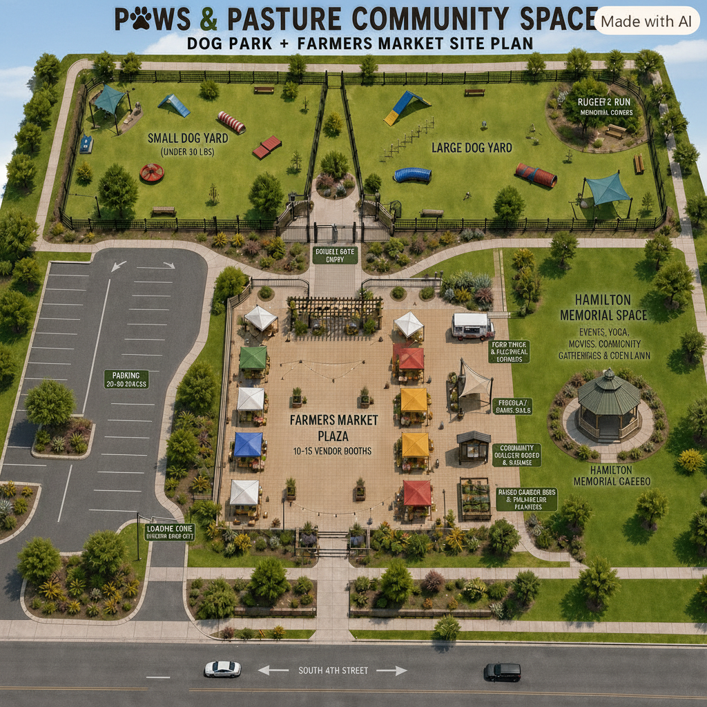 Aerial view of a community park and green space